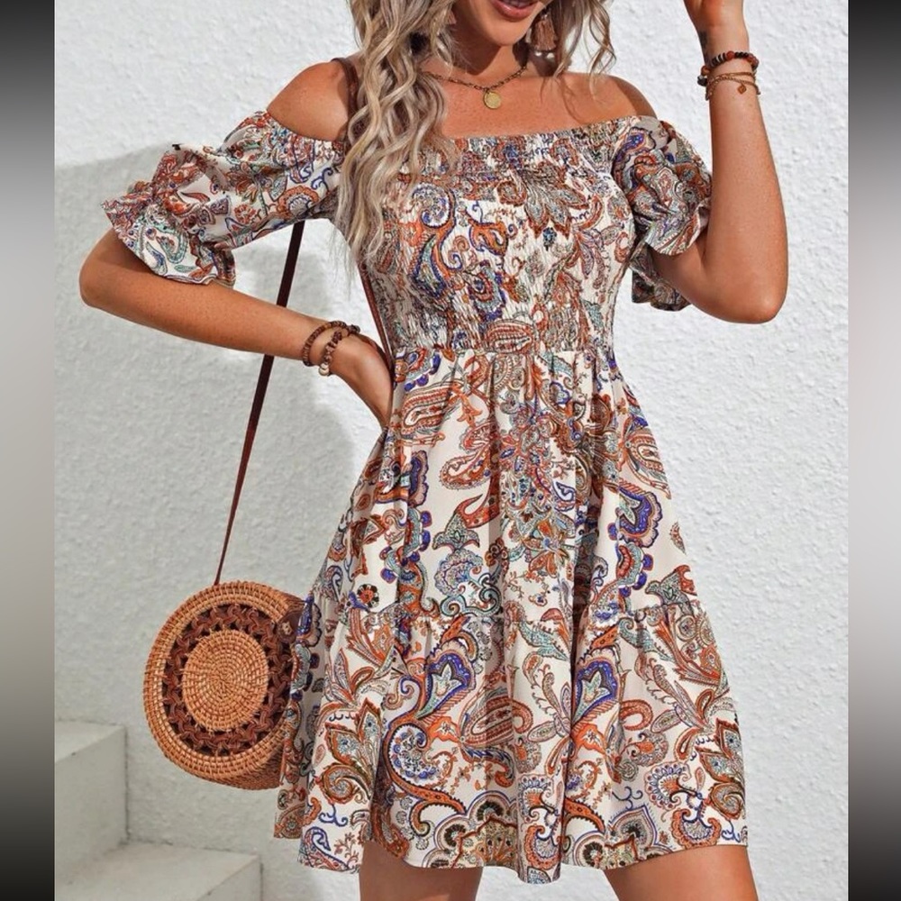 Boho Floral Paisley Print Off Shoulder Smocked Waist Dress - Picture 5 of 6